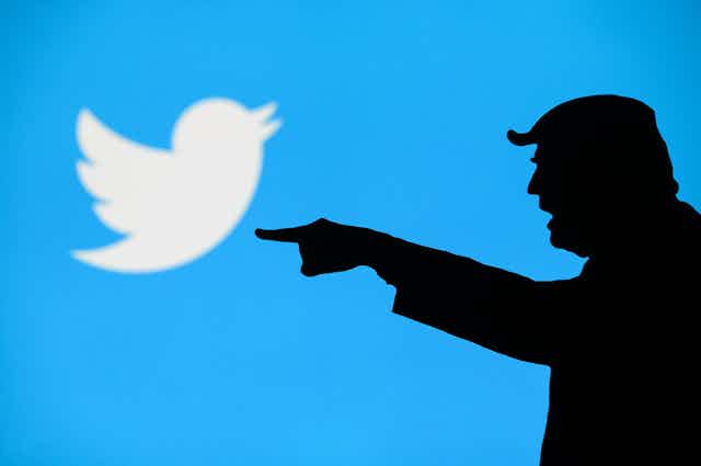 Silhouette of Trump pointing at the Twitter logo of a white bird on a blue background