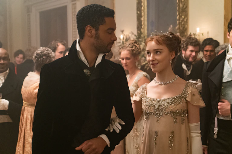 Duke Simon Basset and protagonist Daphne Bridgerton linking arms in episode two