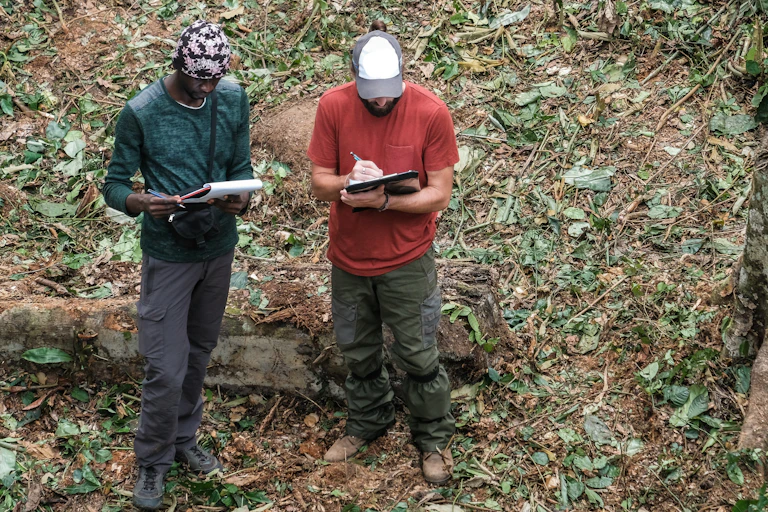 View from above of two men standing and holding clipboards and pens
