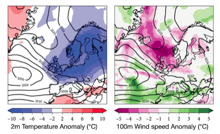 Two maps of Europe depicting temperature and wind levels during periods of greatest energy system stress.