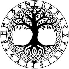 Circle containing drawing of a tree surrounded by Norse runes.