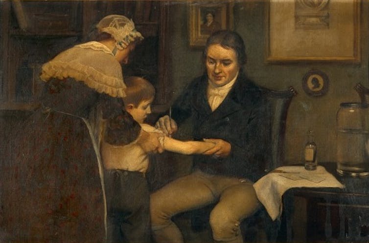 Painting of Edward Jenner vaccinating a young boy held by his mother.