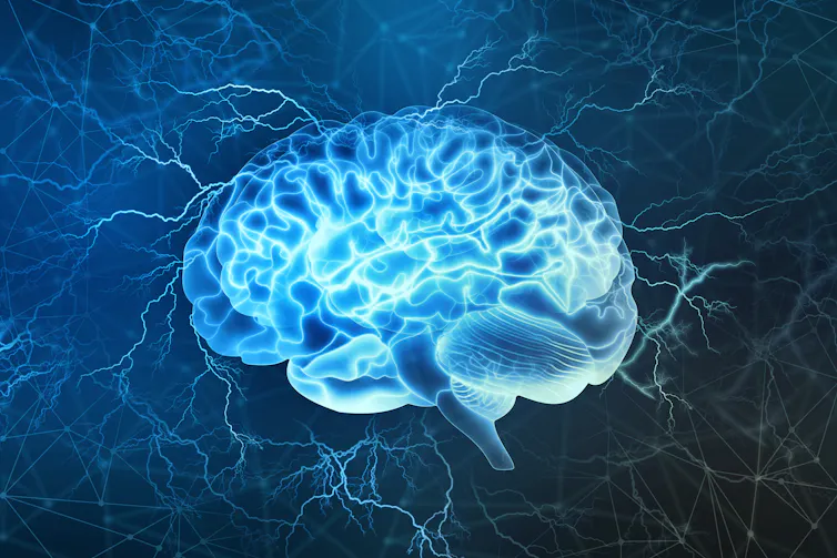illustration of a brain surrounded by electrical currents
