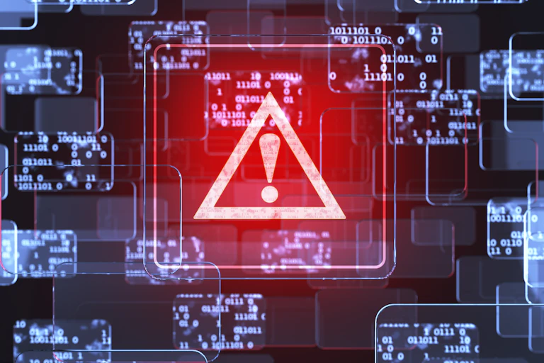 Red caution sign in digital background.