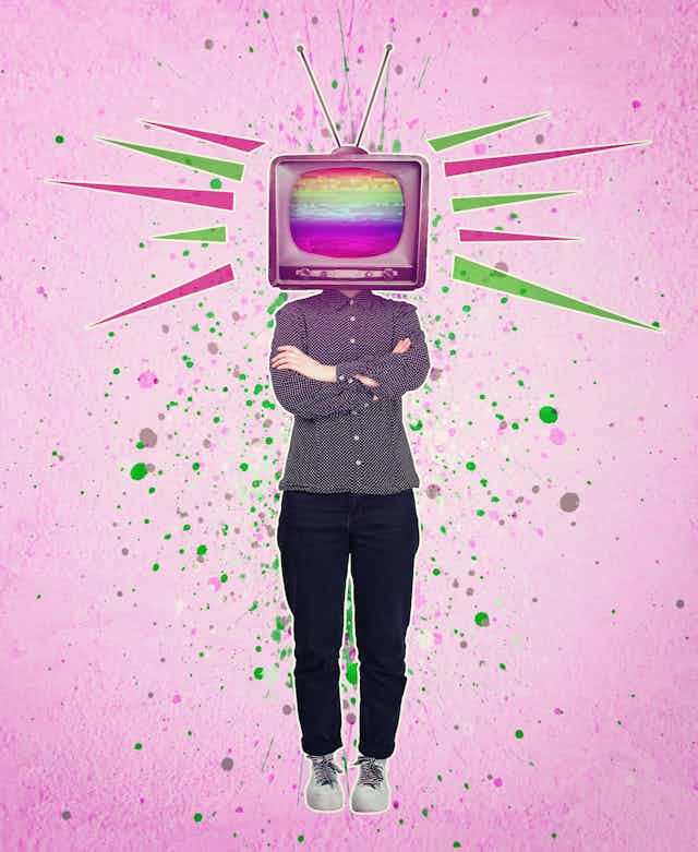 Person with TV or head against pink graphic background