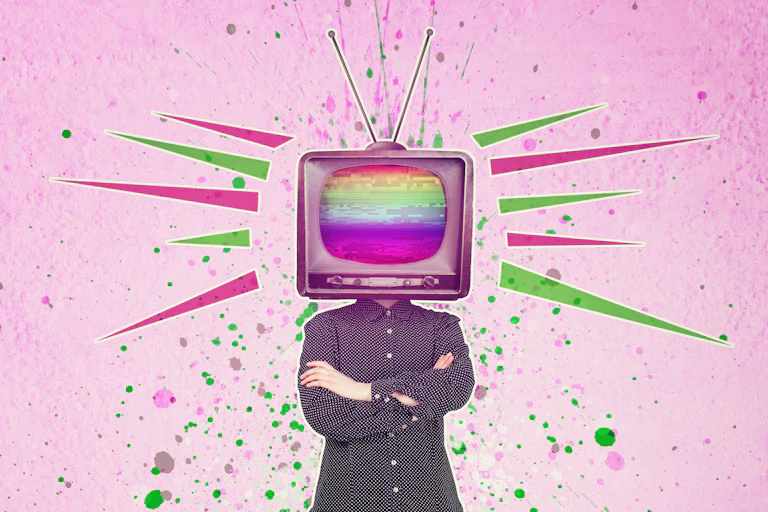 Person with TV or head against pink graphic background