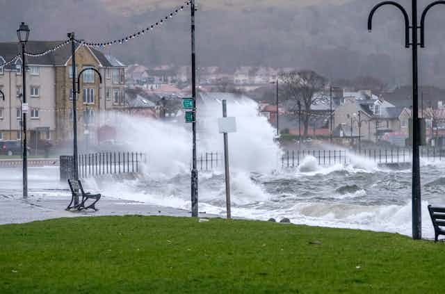 A storm-lashed sea front at Largs in Ayrshire, Scotland.
