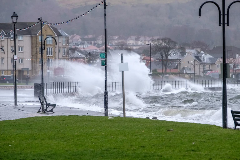 A storm-lashed sea front at Largs in Ayrshire, Scotland.
