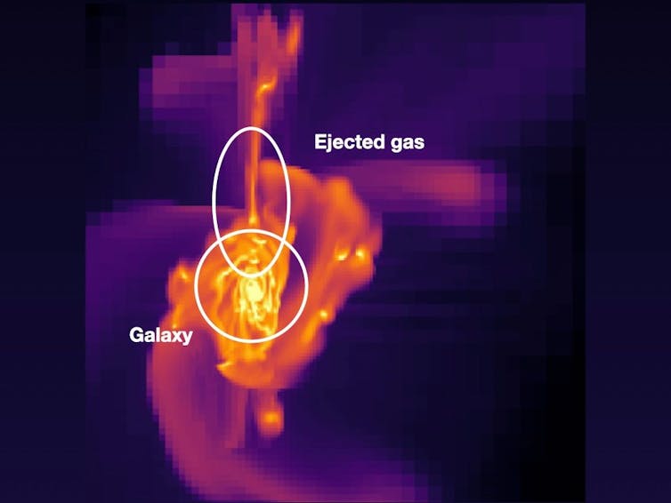 A simulated collision between two galaxies.