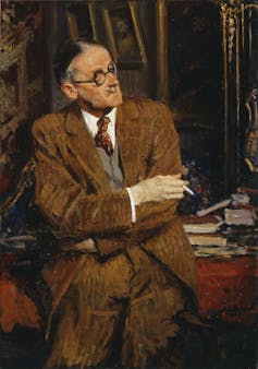 Painting of James Joyce holding a cigarette while leaning against a table.