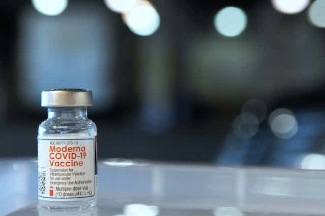 A vial of Moderna COVID-19 vaccine.