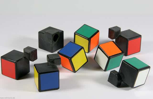 A disassembled Rubik's Cube.