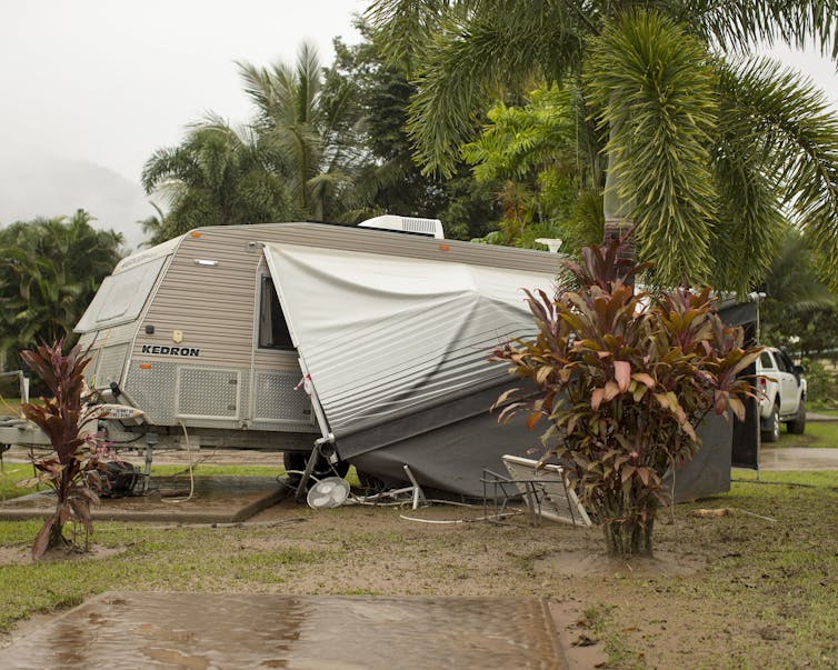 A caravan has been damaged in a storm.