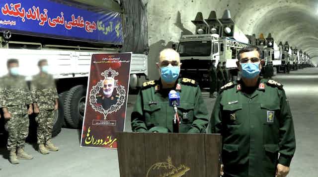 Head of Iranian revolutionary guard Hossein Salami speaks at launch of new missile installation in Persian Gulf, January 2021.