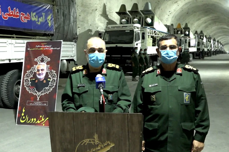 Head of Iranian revolutionary guard Hossein Salami speaks at launch of new missile installation in Persian Gulf, January 2021.