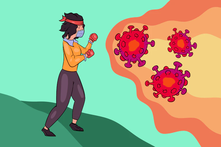 ilustración de una mujer con mascarilla y guantes de boxeo enfrentándose a tres coronavirus