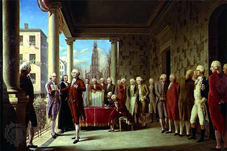 A painting of George Washington's first inauguration
