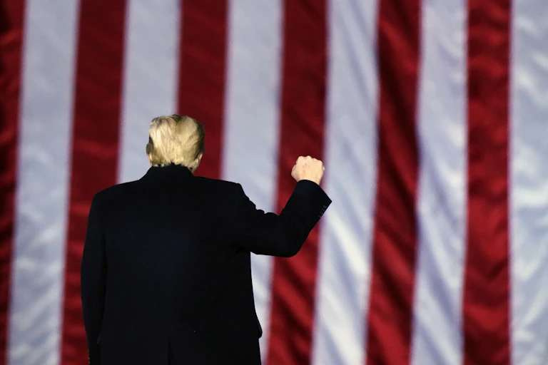 Donald Trump is seen facing away from the camera toward an American flag with his right arm raised in a fist.