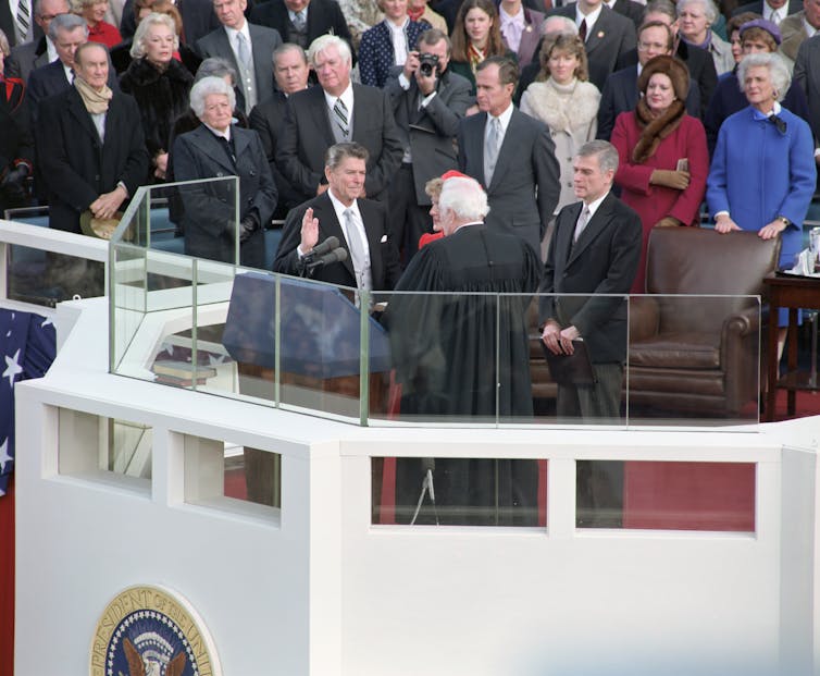 President Ronald Reagan is sworn in, Jan. 20, 1981.