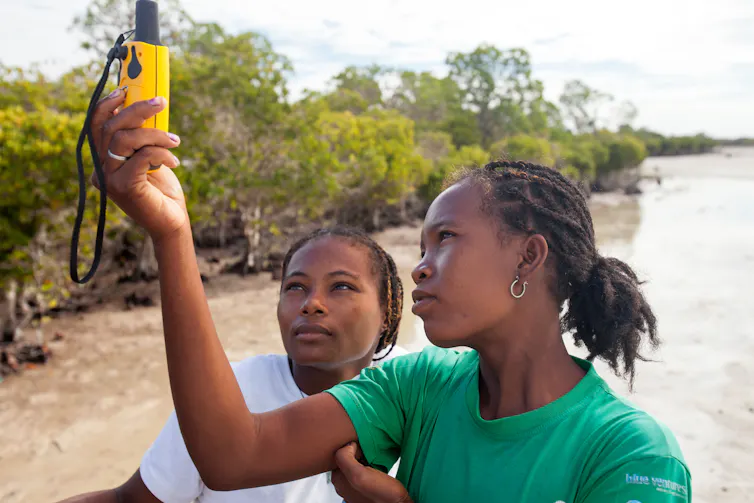Two women holding a GPS unit aloft near a mangrove