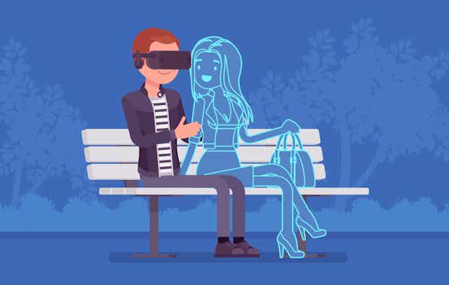 Cartoon man and virtual girlfriend sitting on a bench.
