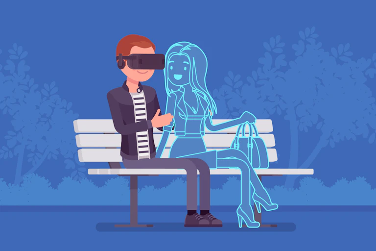 Cartoon man and virtual girlfriend sitting on a bench.