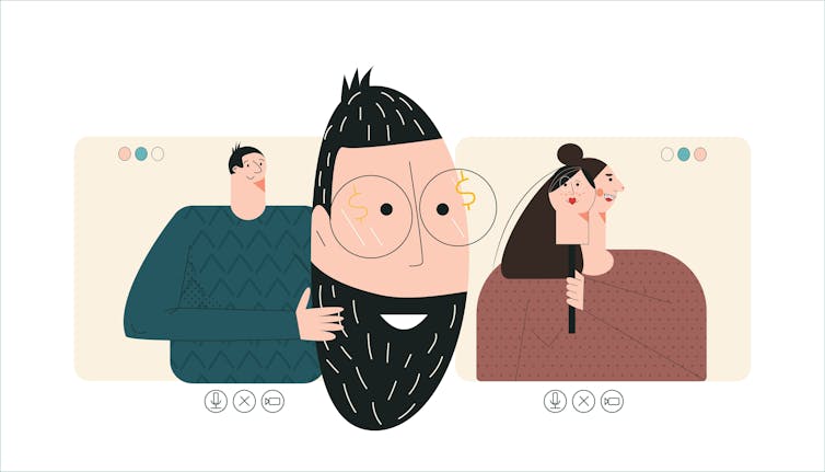 Illustration depicting people misrepresenting themselves on a dating app.