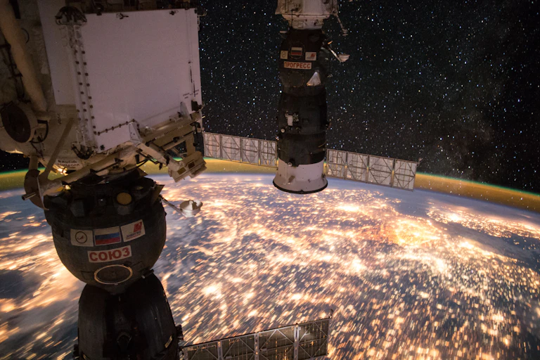 A view of Earth at night, from the ISS.