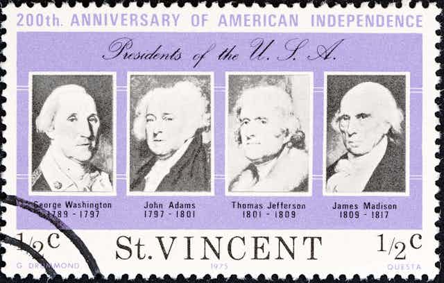 A stamp showing the portraits of George Washington, John Adams, Thomas Jefferson and James Madison