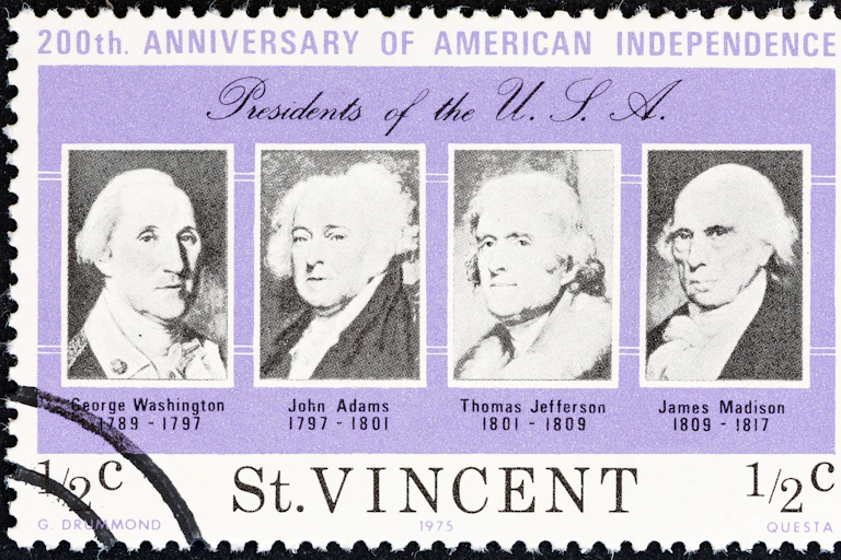 A stamp showing the portraits of George Washington, John Adams, Thomas Jefferson and James Madison
