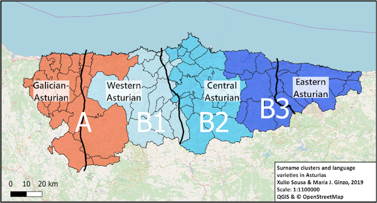  Rexións de apelidos e límites lingüísticos en Asturias.