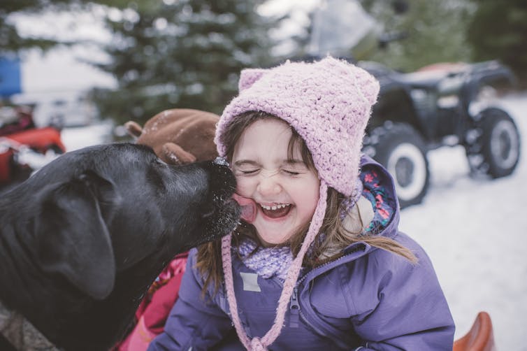 Un perro le lame la cara a una niña.