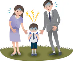 Drawing of anxious parents, and the anxiety of their young boy about to go to school.