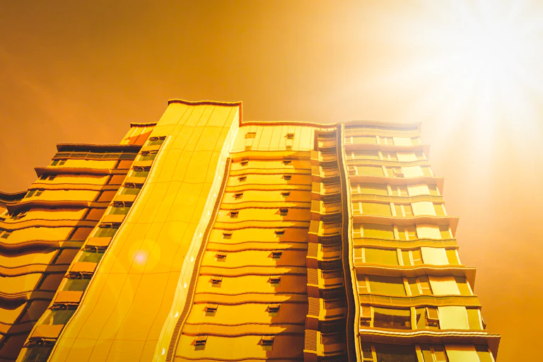 An office block distorted by heat.