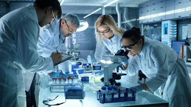 Team of four scientists in lab researching