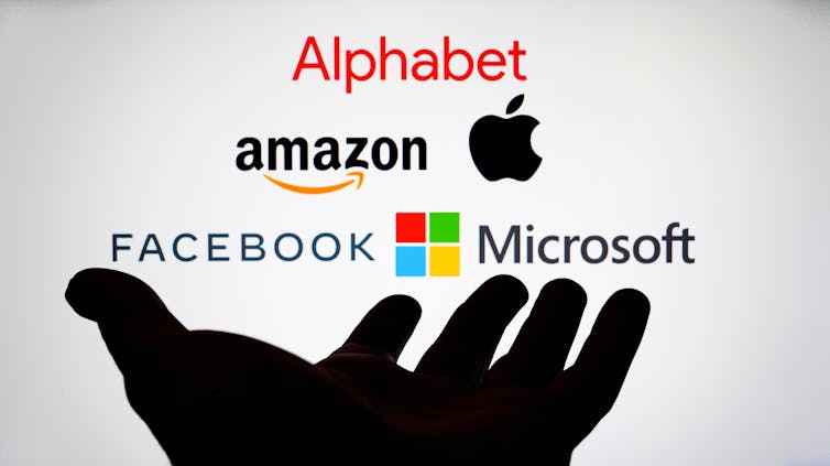 A palm above which the logos of Big Tech companies are arranged on a screen