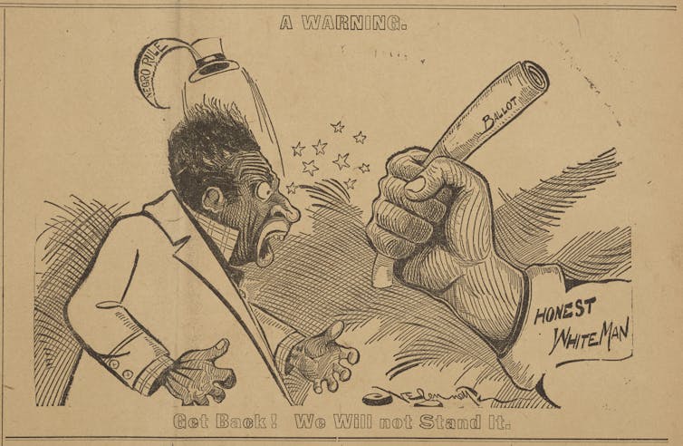 A white fist holding a bat, about to strike a Black man in an 1898 political cartoon.