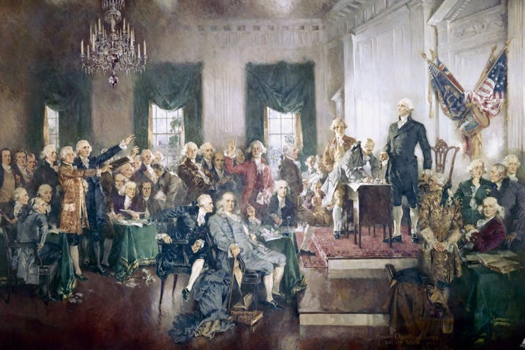 An oil painting of the Constitutional Convention.