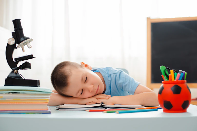 Boy sleeping at the desk with microscope and learning materials around him.