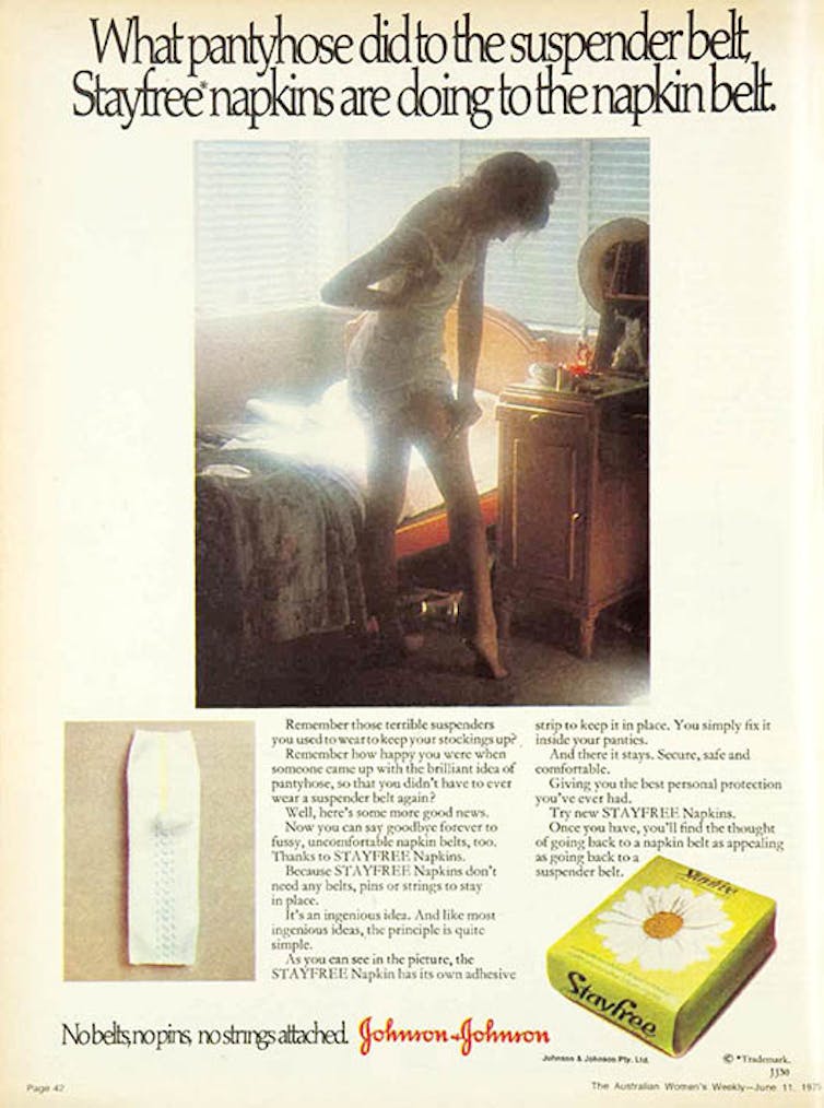 Woman in white underwear, in soft lighting in bedroom advertises Stayfree pads.