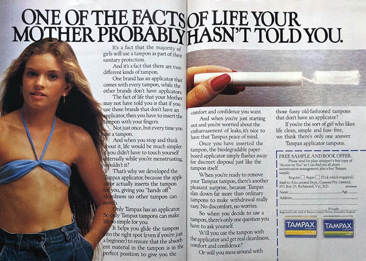 Magazine advertisement for tampons that pictures a prepubescent girl in a bikini top.