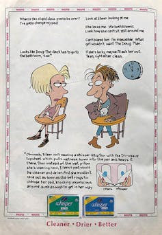 A cartoon school aged girl and boy sit in a classroom imaging a conversation in this pad ad.
