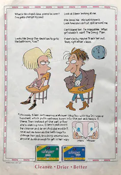 A cartoon school aged girl and boy sit in a classroom imaging a conversation in this pad ad.