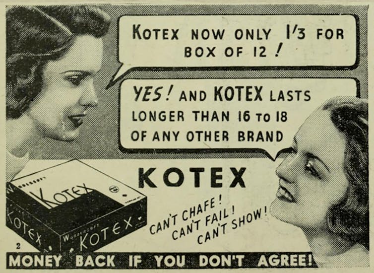 Old black and white Kotex newspaper advertisement, picturing the heads to two young women
