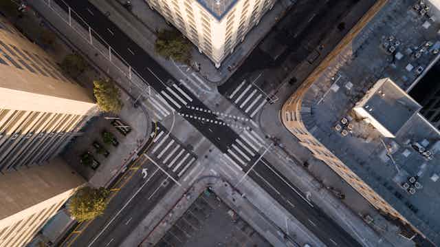 Aerial view of empty streets.