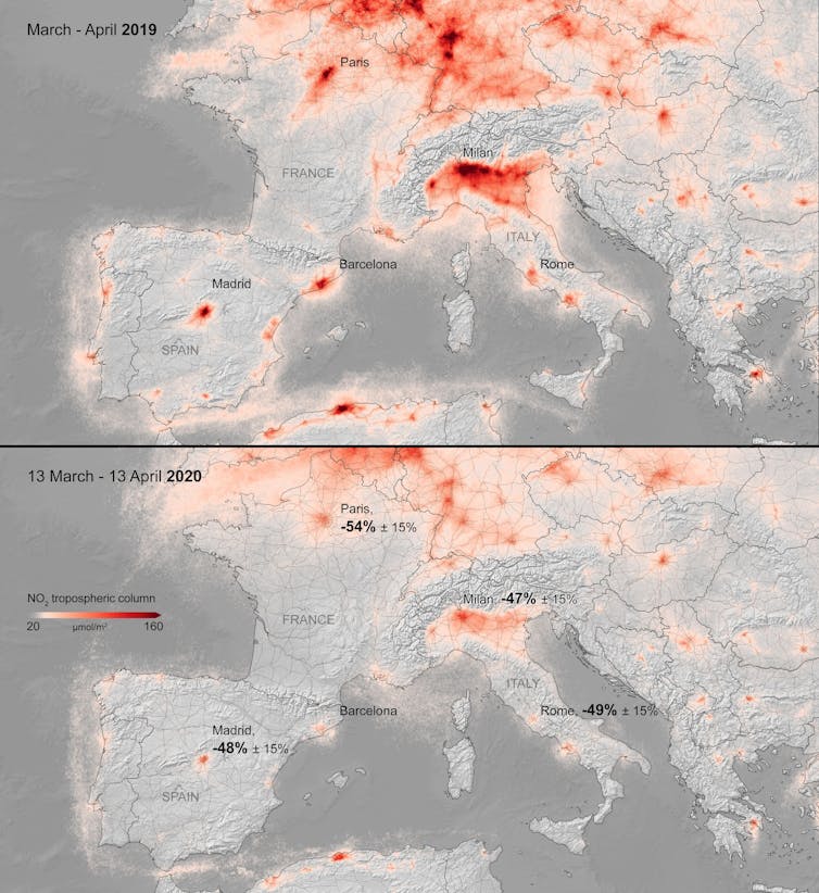 Mapa del nivel medio de contaminación por NO₂ (columna vertical troposférica) para el período de 13 de marzo a 13 de abril de 2019 (arriba) y para el mismo período en 2020 (abajo). Copernicus Sentinel data (2019-20) / KNMI / ESA