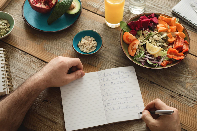 A man writes in a diary on a table with healthy food.