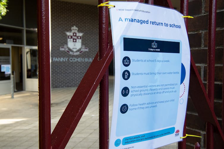 A notice outside a Sydney school detailing COVID-safe measures.