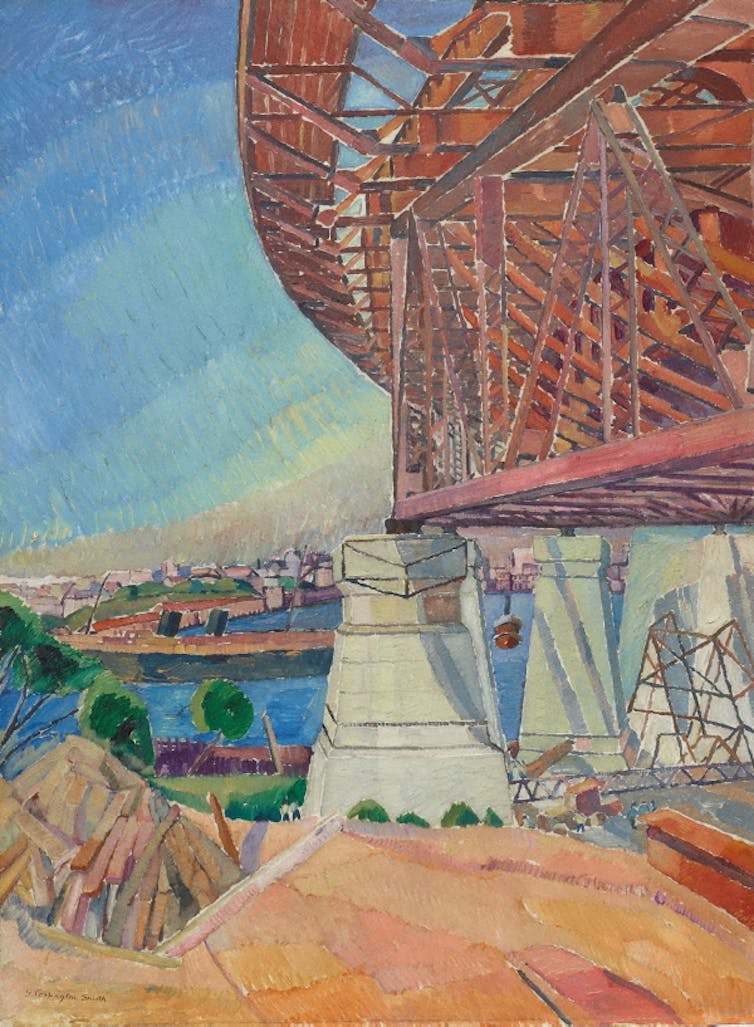 A bright painting of the Sydney Harbour Bridge
