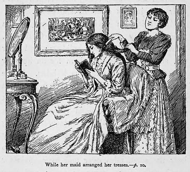 Victorian illustration showing a maid arranging a lady's hair